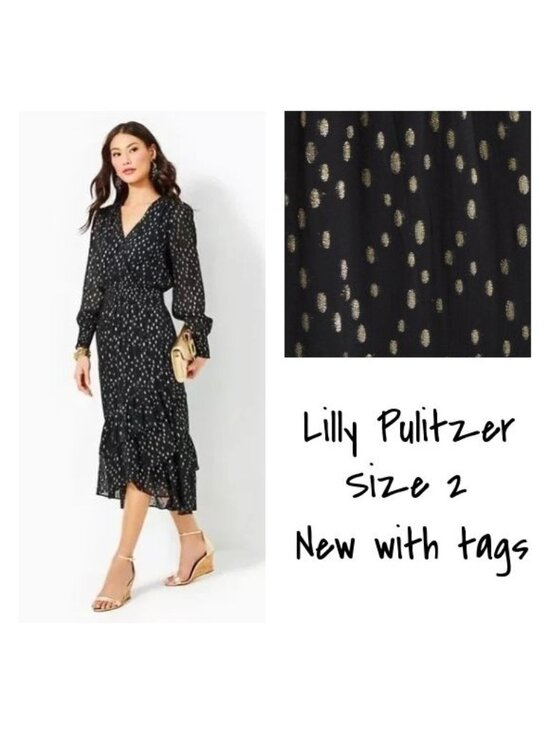 Lilly Pulitzer Dresses & Skirts - Lilly Pulitzer Cristiana Black Gold Dot Midi Dress Size 2 New With tag